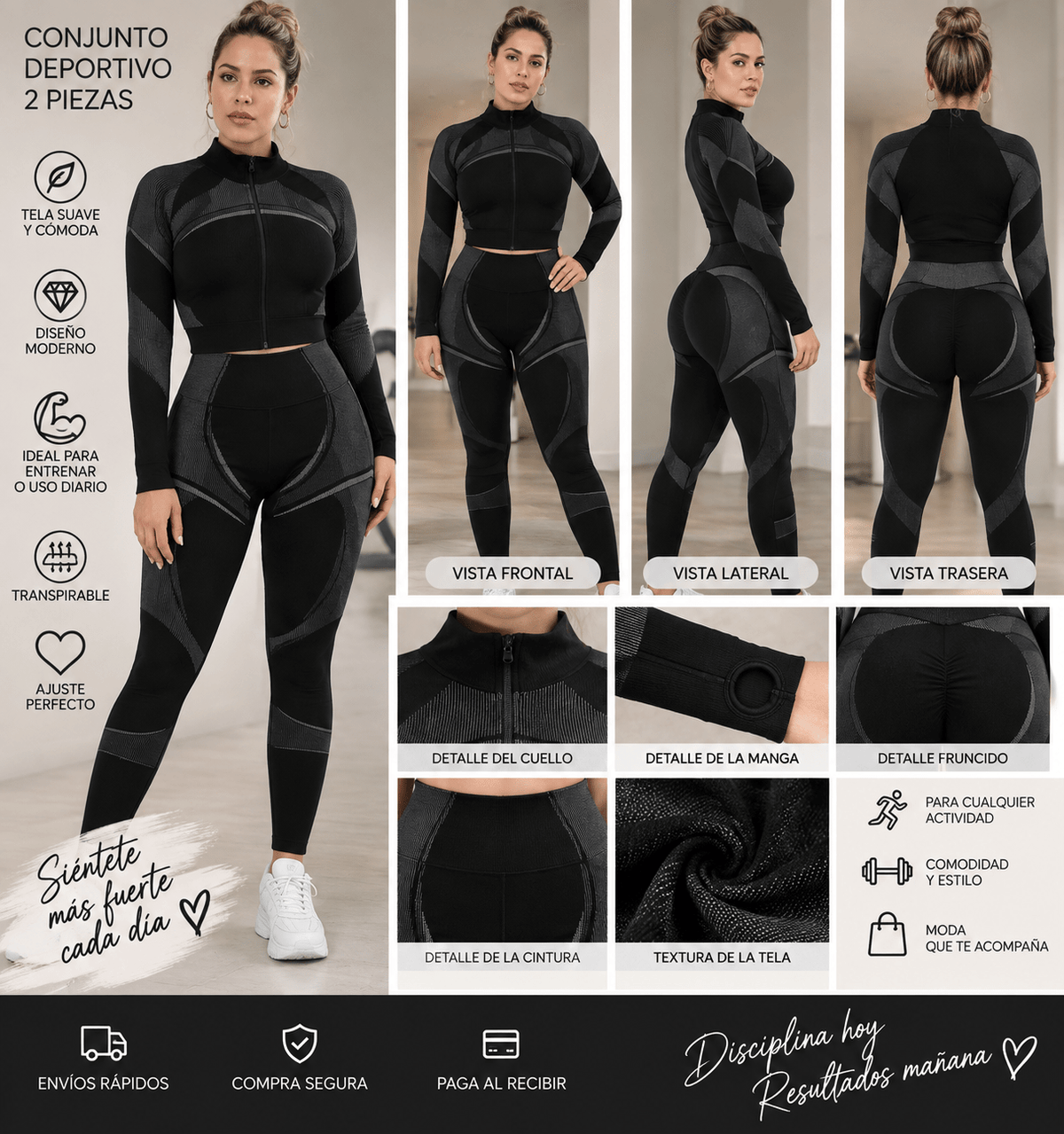 Conjunto de Leggings deportiva y chaqueta de manga larga con cuello alto y cierre frontal - ZaiNili SHOP