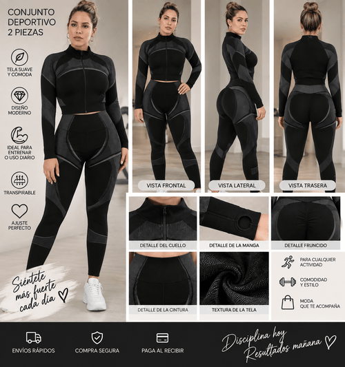 Conjunto de Leggings deportiva y chaqueta de manga larga con cuello alto y cierre frontal - ZaiNili SHOP