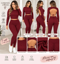 Conjunto de Leggings y top de manga larga con espalda abierta y lazo, Jacquard Poliéster en panal - ZaiNili SHOP