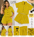 Conjunto de camiseta abotonada con textura de rayas y pantalones cortos - ZaiNili SHOP