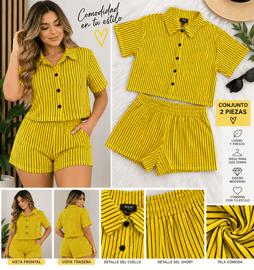 Conjunto de camiseta abotonada con textura de rayas y pantalones cortos - ZaiNili SHOP