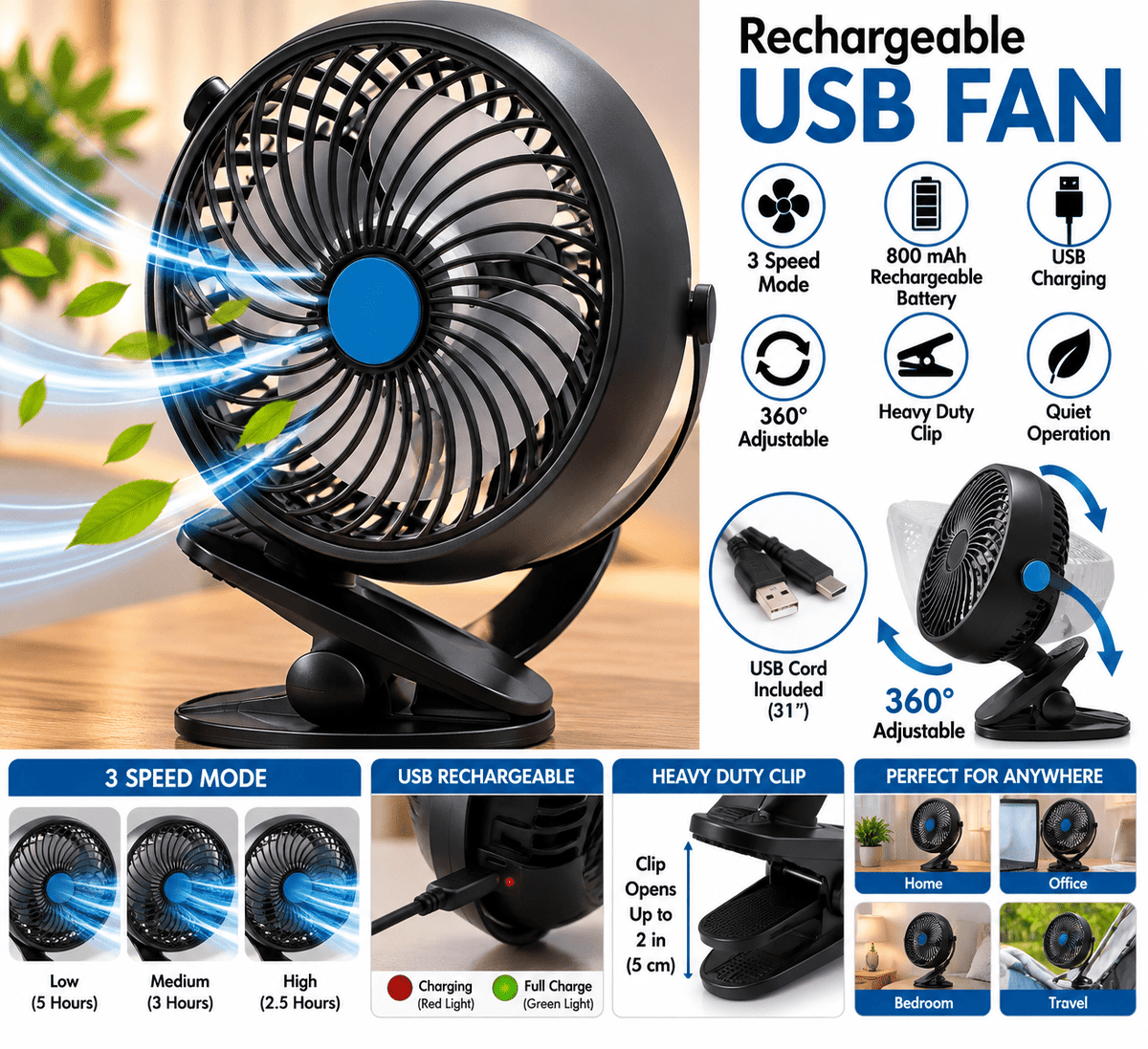 Ventilador personal para escritorio ,automóvil y el hogar, recargable por USB ,3 velocidades . - ZaiNili SHOP