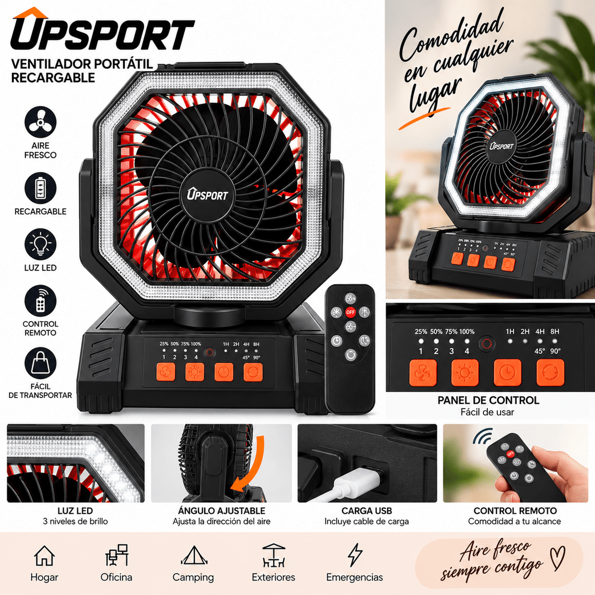 Rechargeable F6 Camping fan with LED light and Remote control