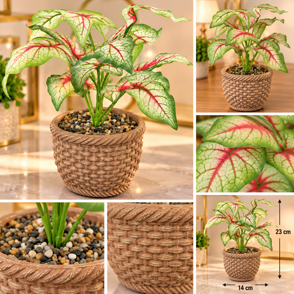 Planta de hojas de caladio de imitación de 12.5 pulgadas con base de cerámica - ZaiNili SHOP
